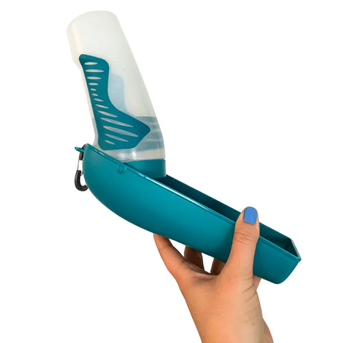 Messy Mutts Squeezable Travel Water Bottle with Removable Bowl (Blue 16 oz)