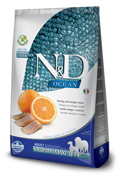 Farmina Ocean N&D Natural and Delicious Grain Free Medium & Maxi Adult Herring & Orange Dry Dog Food