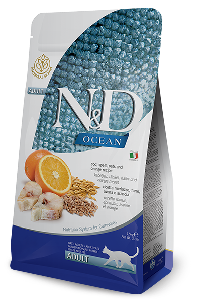 Farmina Ocean N&D Natural & Delicious Adult Cod, Spelt, Oats & Orange Dry Cat Food (3.3-lb)