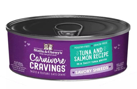 Stella and Chewy Carnivore Cravings Tuna and Salmon Recipe Savory Shreds Canned Cat Food